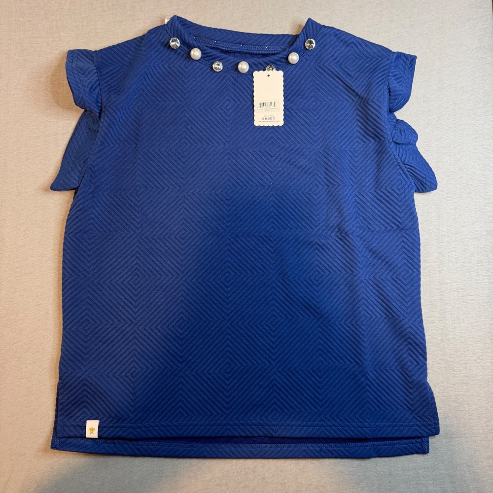 Simply Southern‎ Deep sea Blue Quilted Ruffle Pearl Rhinestone Top Small NEW